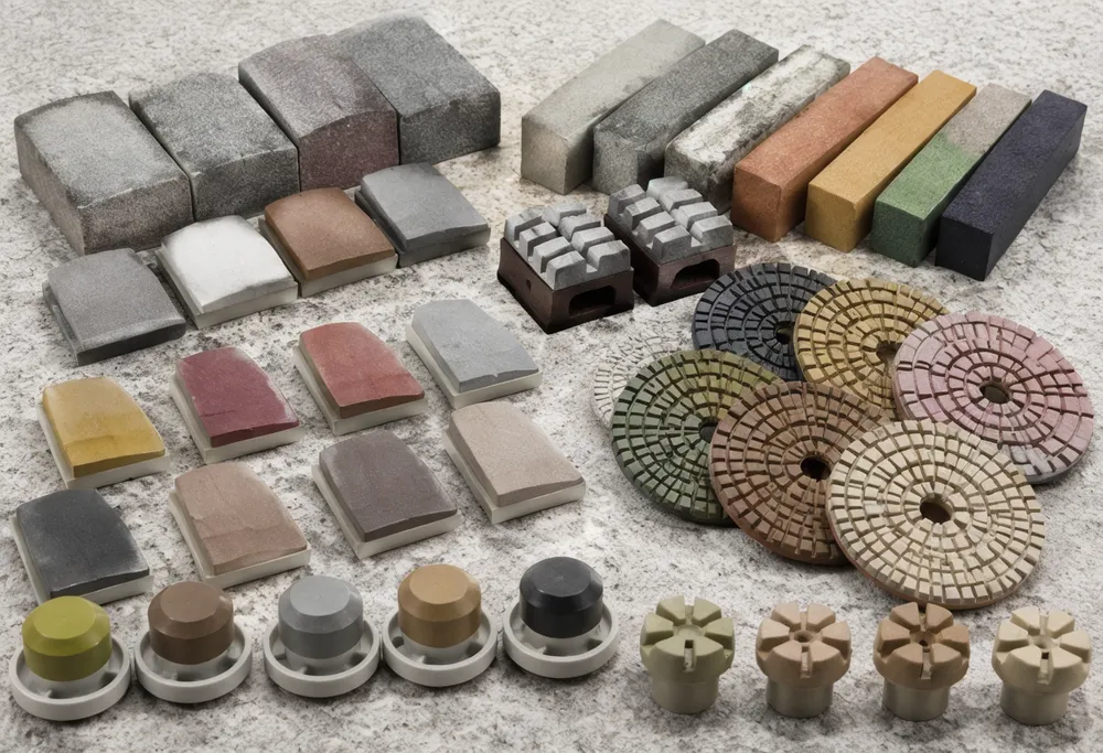 Frankfurt abrasives, fickert grinding blocks, and resin polishing tools arranged for stone surface finishing