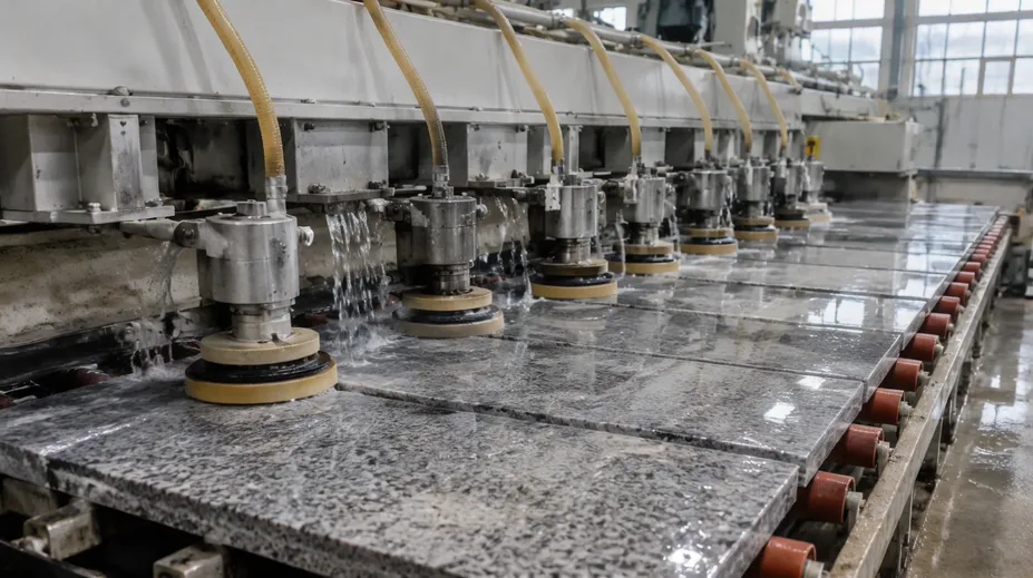 Stone tile and slab manufacturing plant with multiple polishing heads running Frankfurt abrasives