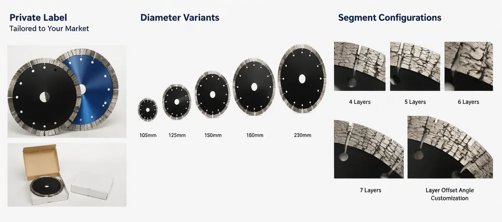 CLSEG Arix diamond blade customization options showing private label, diameter variants, and segment configurations