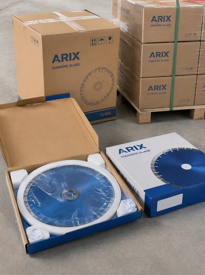 ARIX diamond blade packaging showing VCI anti-corrosion wrap, foam edge guards, and branded cartons