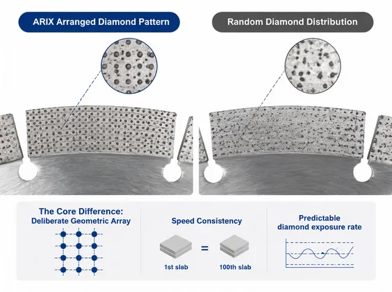 Comparison diagram showing ARIX arranged diamond pattern versus random diamond distribution in blade segments