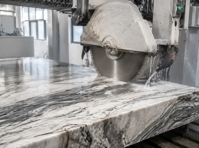 Premium quartzite slab being precision-cut with ARIX diamond blade