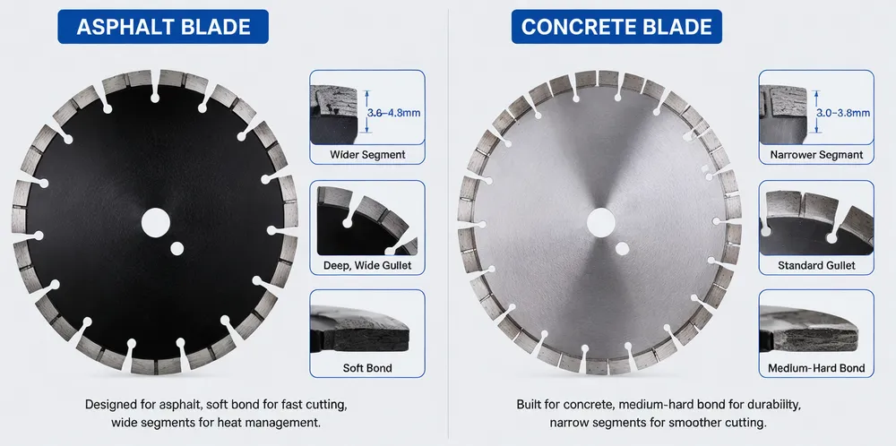 Side-by-side comparison of asphalt cutting blade and concrete cutting blade showing segment differences