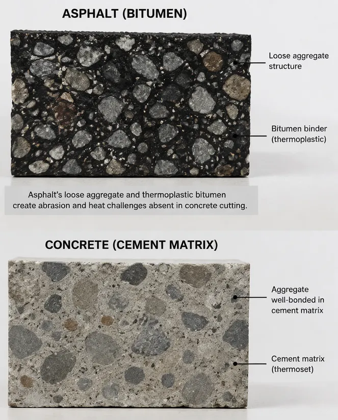 Cross-section comparison of asphalt aggregate in bitumen vs concrete cement matrix