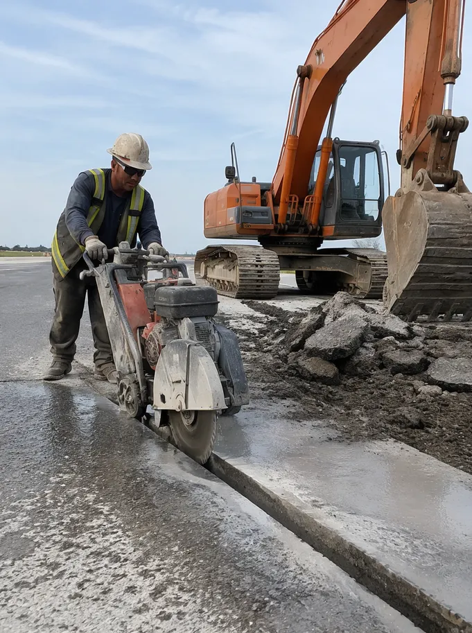 Demolition contractor sectioning old asphalt pavement for excavator removal