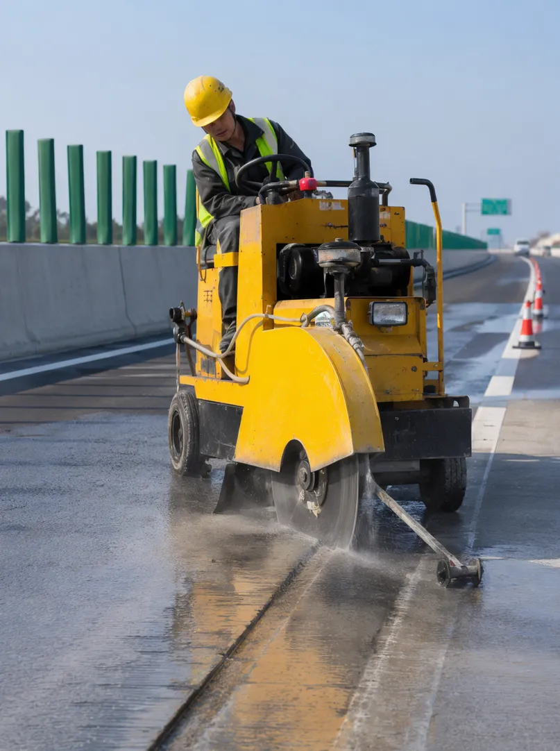 Ride-on road saw cutting expansion joints on highway with 600-900mm asphalt diamond blade
