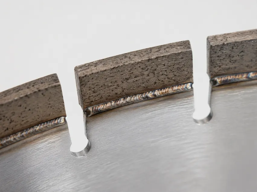Close-up of laser-welded diamond segments on an asphalt cutting blade showing the metallurgical fusion bond