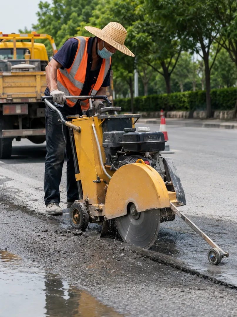 Walk-behind road saw cutting asphalt for municipal pothole repair with 300-500mm diamond blade