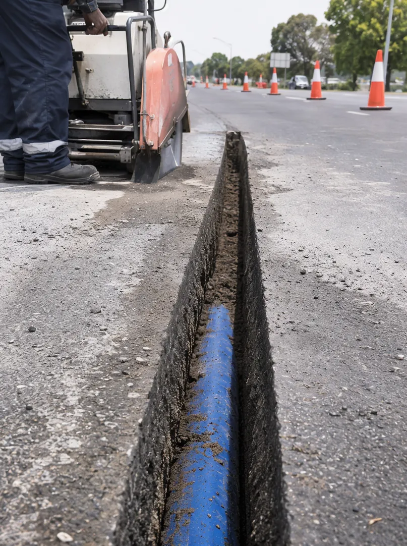 Precise utility trench cut in asphalt pavement for underground pipe installation