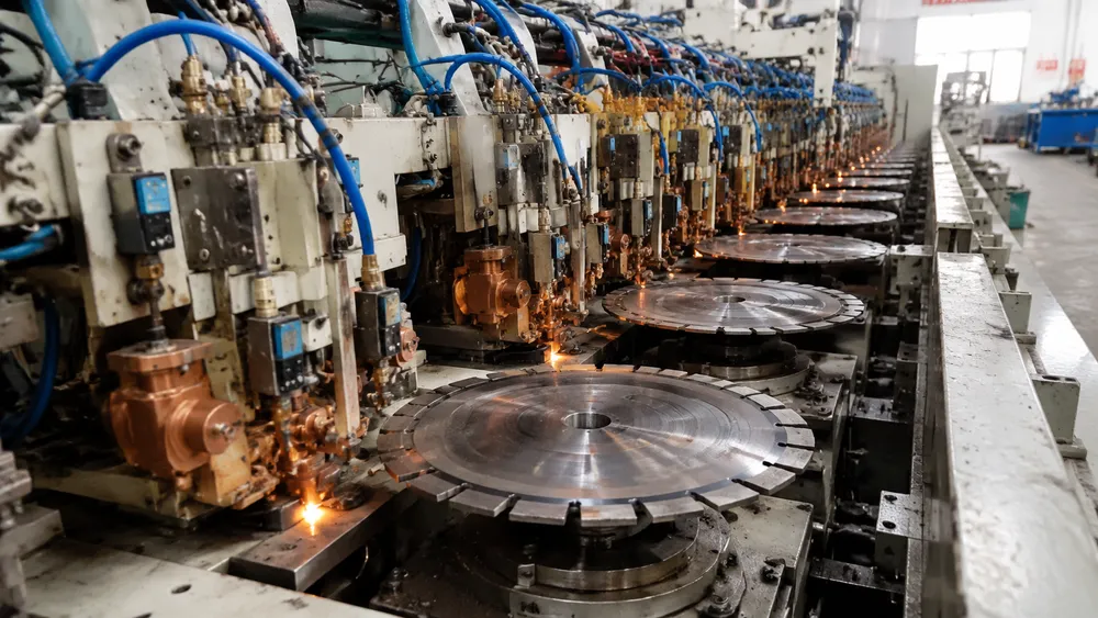 Automated Segment Welding Line Automated high-frequency welding line attaching diamond segments to steel saw blade cores in a factory
