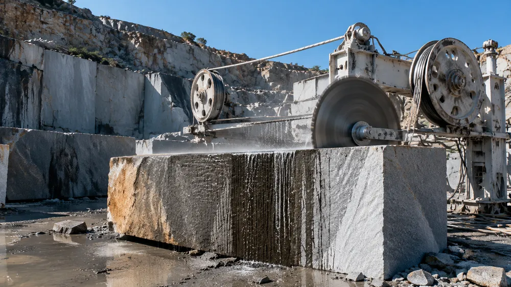 Granite Quarry Block Cutting Context Large granite blocks being cut in an open-pit quarry with a wire and blade cutting setup under strong daylight