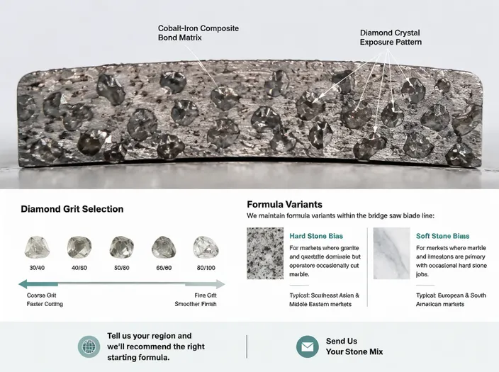 Cross-section of cobalt-iron composite bond matrix in a bridge saw blade segment showing diamond crystal exposure pattern