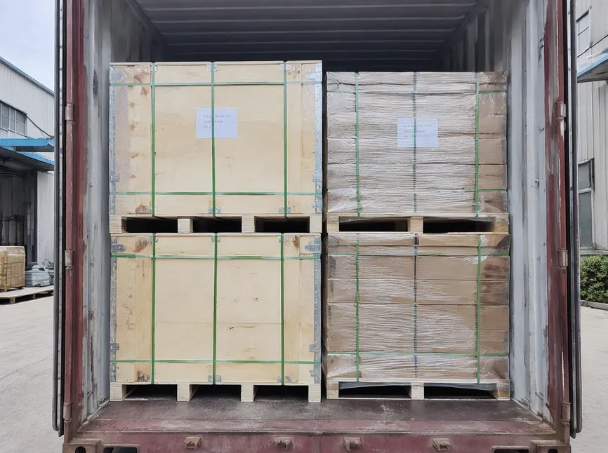 Palletized bridge saw blades loaded in shipping container with wooden crates
