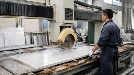 Stone fabrication shop running bridge saw for countertop production