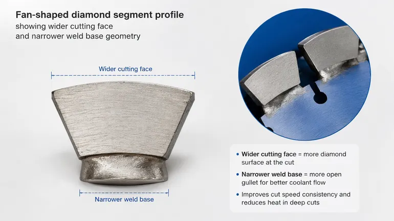 Fan-shaped diamond segment profile showing wider cutting face and narrower weld base geometry