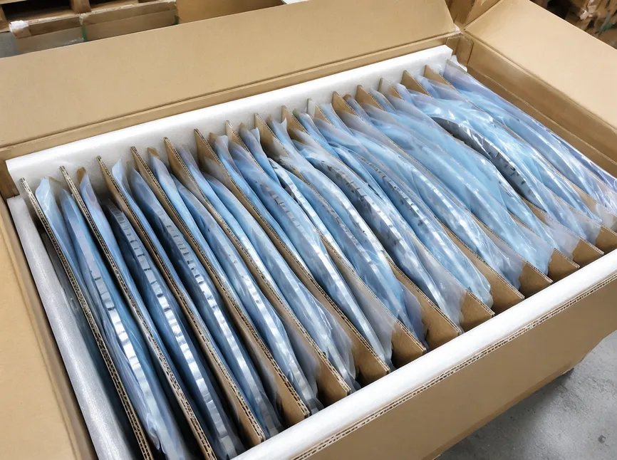 Bridge saw blade individually wrapped in VCI anti-corrosion film with cardboard dividers