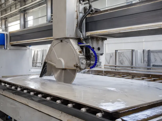 Bridge saw making a precision cut through a porcelain panel in a commercial fabrication shop