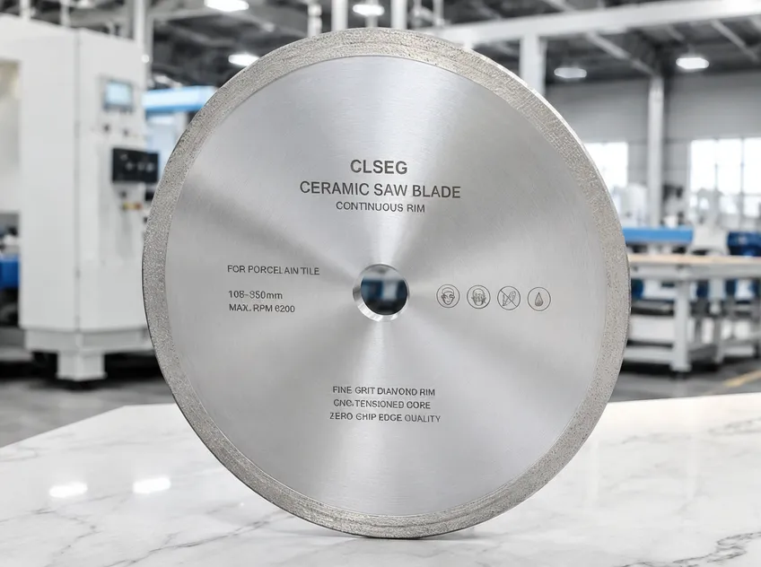 CLSEG continuous rim ceramic saw blade for porcelain tile cutting, showing fine-grit diamond rim and CNC-tensioned core