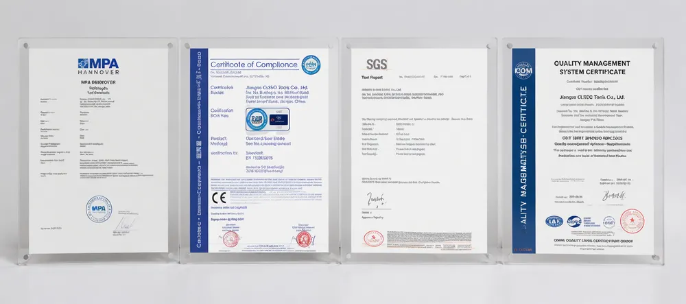 CLSEG ceramic saw blade certification documents including MPA, CE, SGS, and ISO 9001:2015 credentials