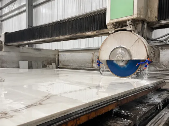 350mm diamond blade cutting large-format sintered porcelain slab on bridge saw