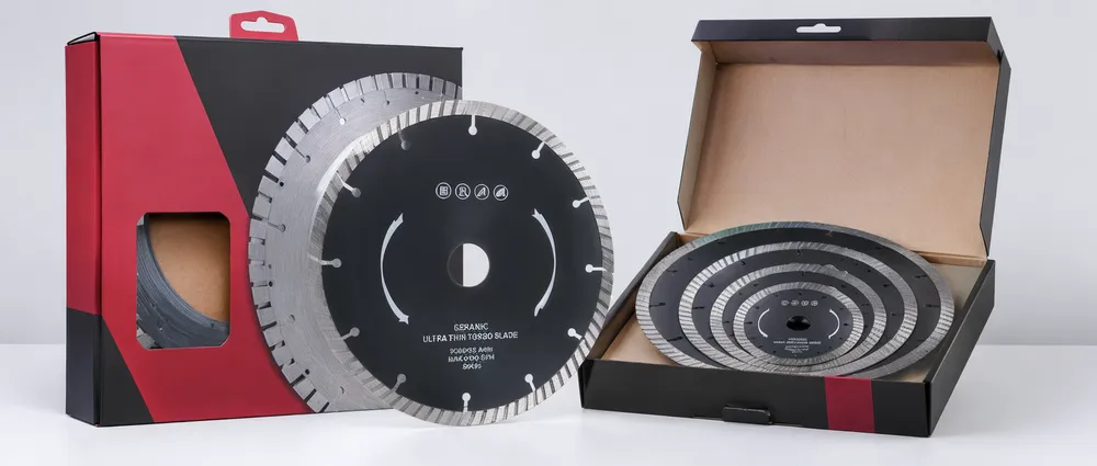 Private-label ceramic saw blade packaging showing custom branding on blade core and retail box