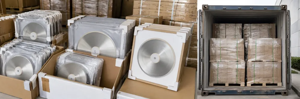 CLSEG ceramic saw blade packaging in rigid cases with center hub protectors, ready for container loading