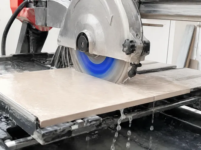 Ceramic saw blade cutting standard porcelain floor tile on a wet saw