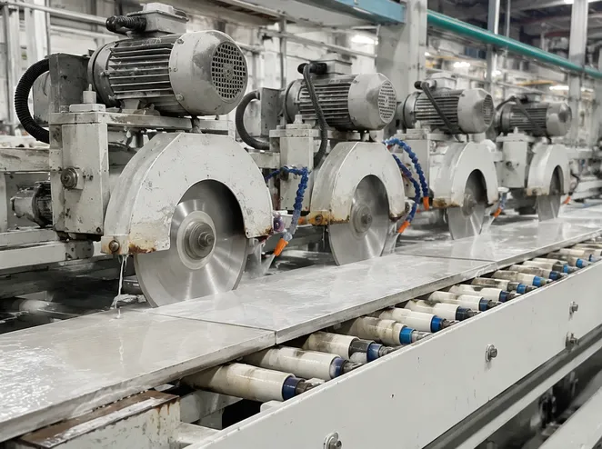 Diamond trimming blades in industrial tile manufacturing plant production line