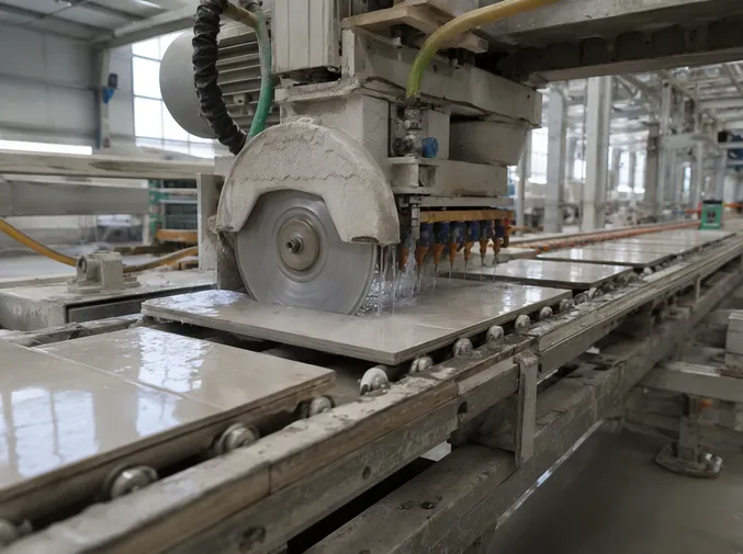 Industrial tile production line with diamond blades trimming fired ceramic tiles at high speed