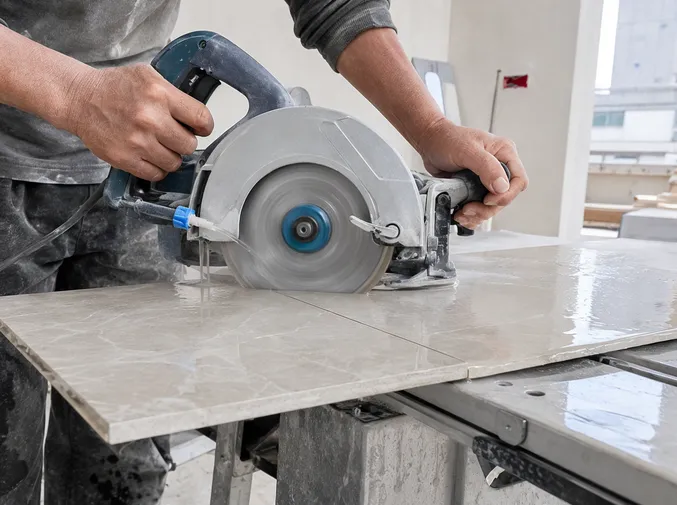 Wet tile saw cutting large-format porcelain tile on a job site using a continuous rim diamond blade