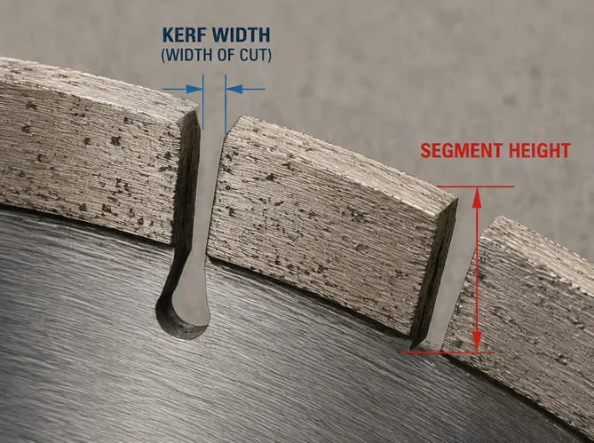 Close-up of diamond segment geometry on a concrete cutting blade showing kerf width and segment height