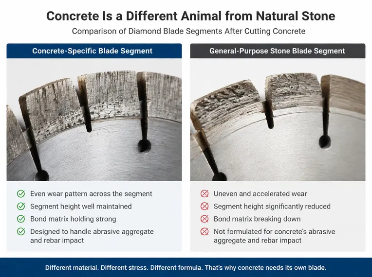 Comparison of concrete-specific diamond blade segments versus general-purpose stone blade segments showing wear pattern differences