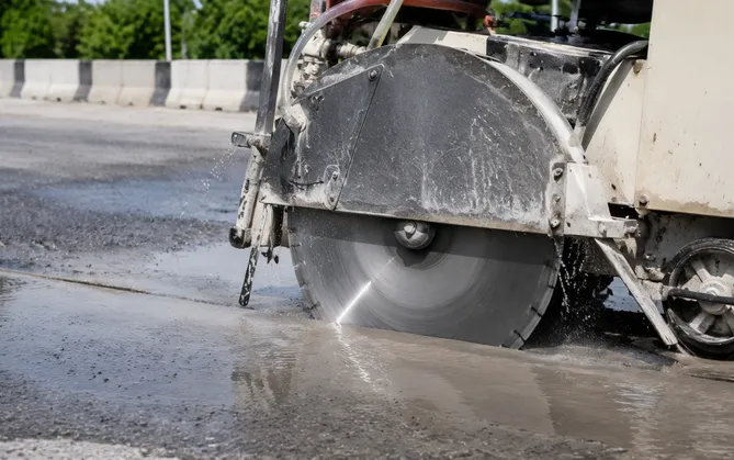 Large diameter diamond floor saw blade cutting concrete road surface with water cooling