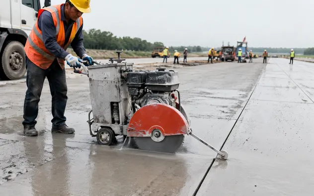 Early-entry joint cutting on freshly poured concrete within hours of placement