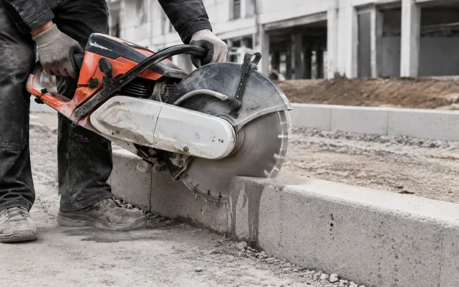 Diamond blade on handheld cut-off saw cutting concrete kerb on construction site
