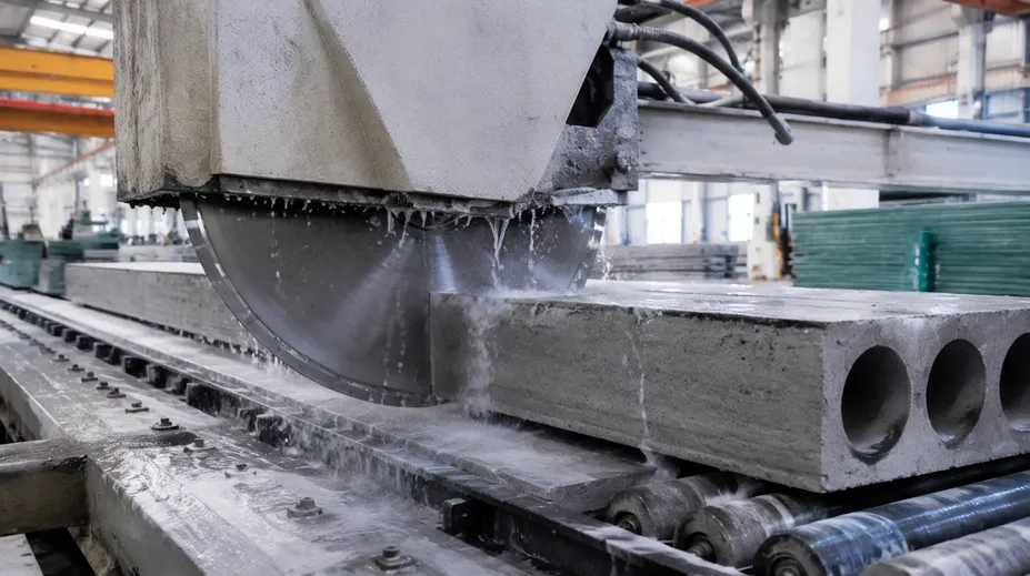 Diamond blade cutting precast concrete elements in factory production line