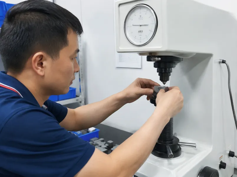 Quality control technician performing hardness testing on sintered diamond segments for concrete saw blades