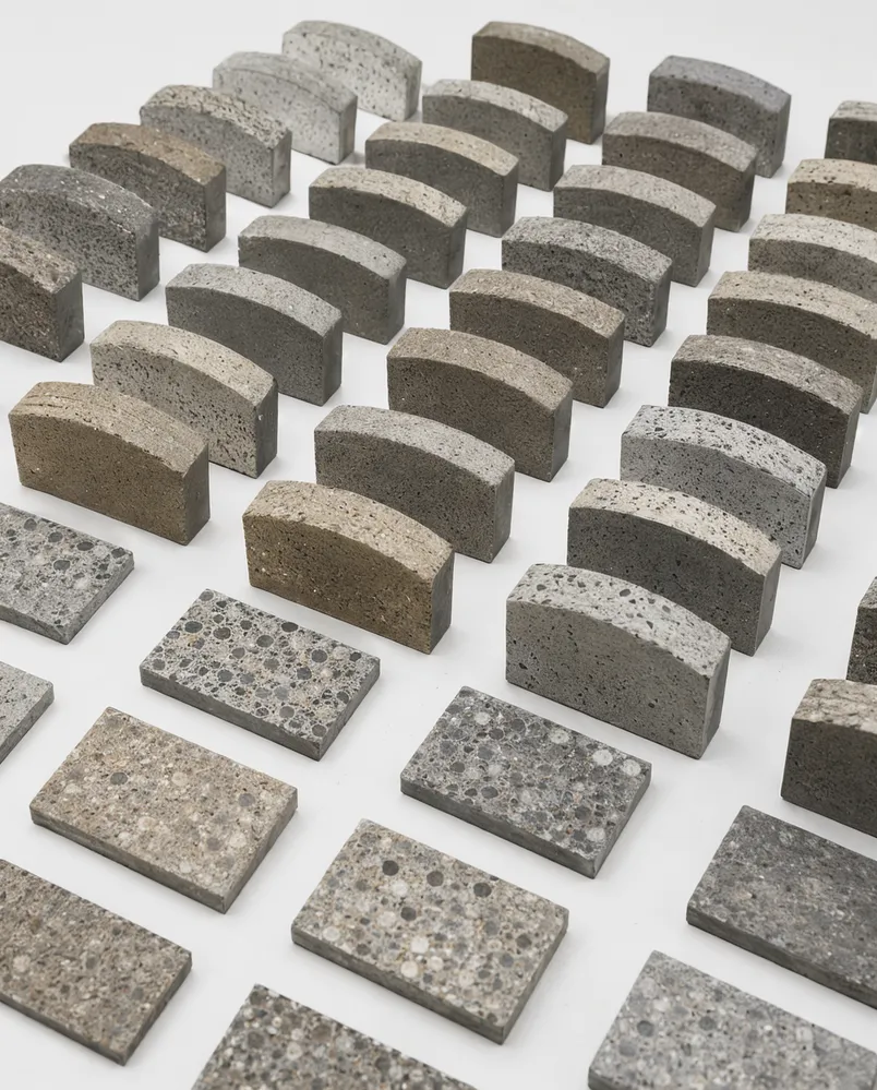 Collection of diamond blade segment samples from different regional concrete bond formulas showing variation in color and texture