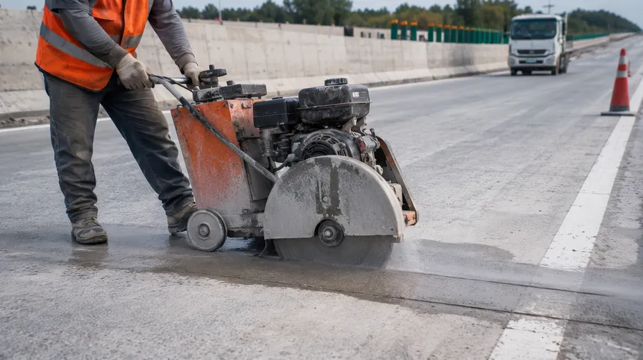 Concrete saw blade cutting road joints during highway construction project