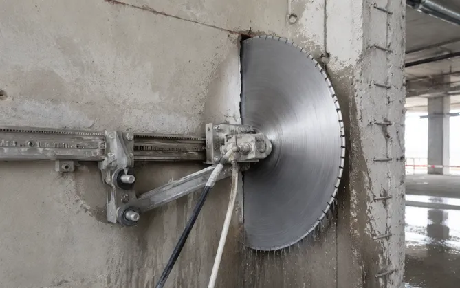 Diamond wall saw blade mounted on track system cutting vertical reinforced concrete wall