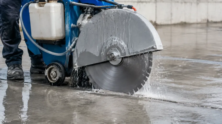 Wet-cut diamond concrete blade mounted on walk-behind road saw with water cooling