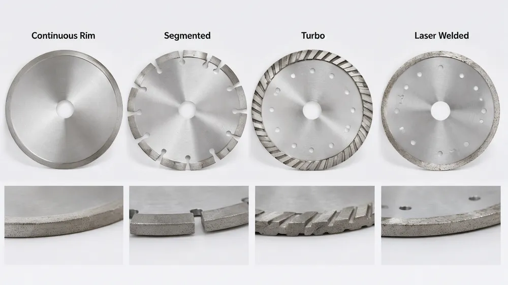 Side-by-side comparison of continuous rim, segmented, turbo, and laser welded diamond blades showing different rim profiles