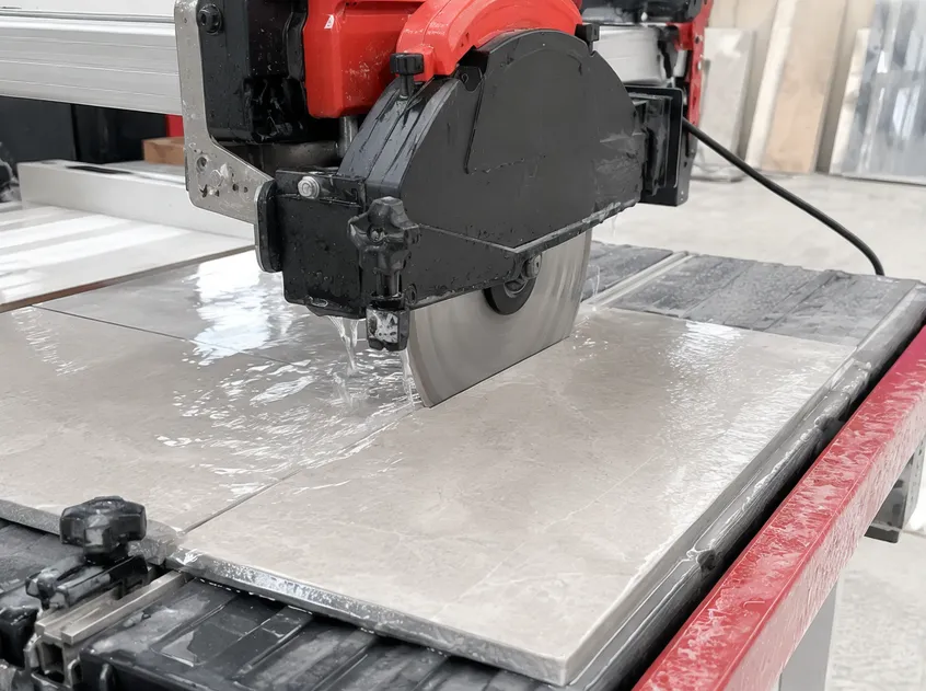 Continuous rim tile blade mounted on a benchtop wet tile saw cutting porcelain
