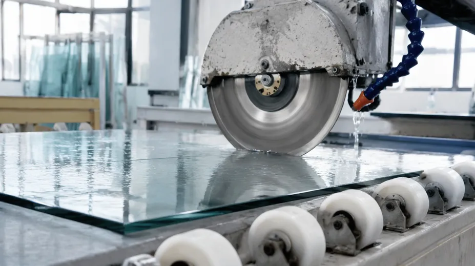 Continuous rim diamond blade cutting tempered glass panel