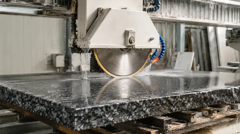 Bridge saw cutting granite countertop slab with continuous rim diamond blade