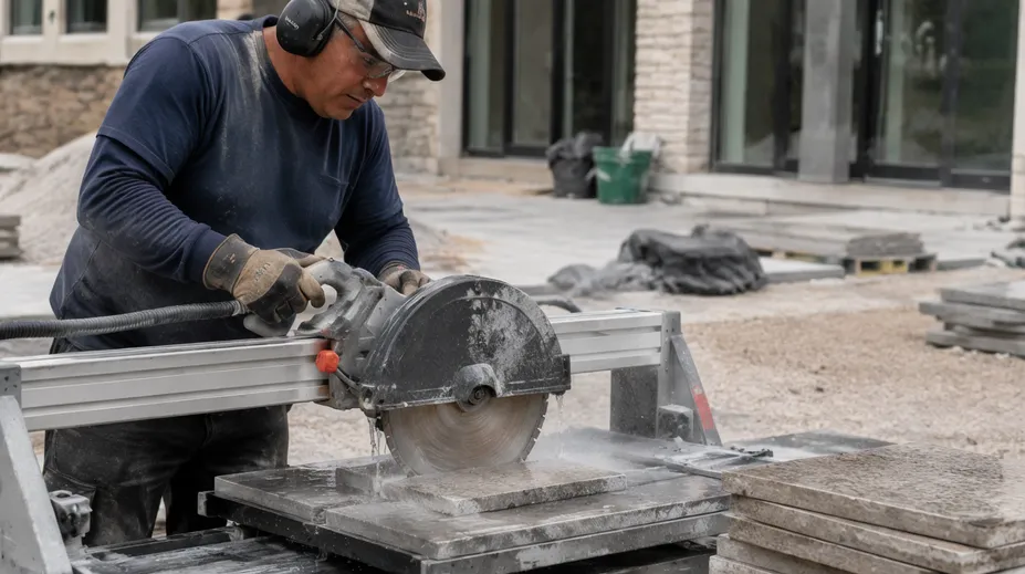 Contractor cutting stone pavers with continuous rim blade on wet saw at jobsite