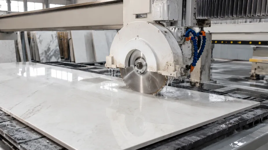 Large-format porcelain slab being cut with continuous rim blade in fabrication shop