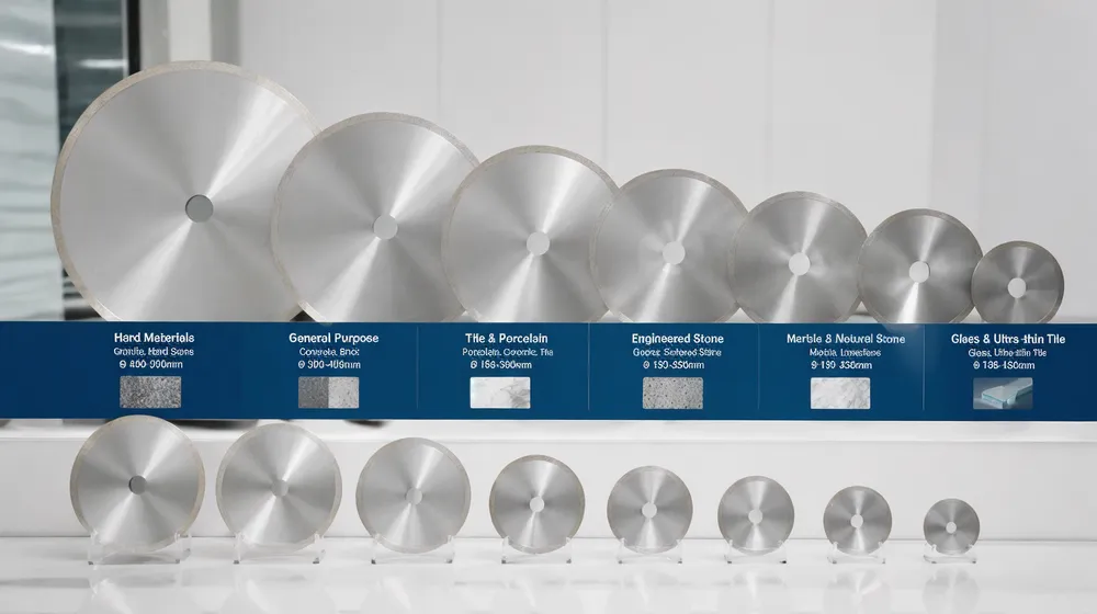 Continuous rim diamond blades in 105mm to 500mm diameter range arranged by application market