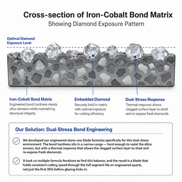 Cross-section diagram of iron-cobalt bond matrix showing diamond exposure pattern