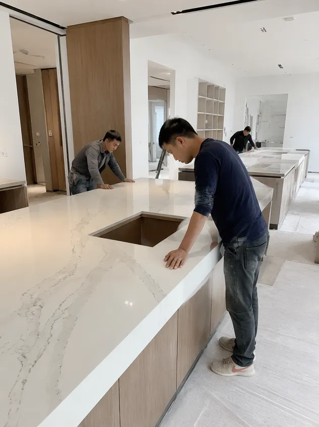 Commercial fit-out project installing engineered quartz countertops in hotel